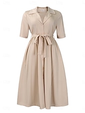 preiswerte Einfaches Kleid-Damen Midikleid blusenkleid A Linie Kleid Elegant Ausgefallene Arbeit Regular Fit Glatt Halbe Ärmel Hemdkragen Rote Königliches Blau Aprikose Sommer