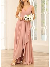 economico Abiti da damigella-Linea ad A Vestito da damigella Scollo a V Senza Maniche Elegante Asimmetrico Chiffon con Volant / Arricciatura 2022