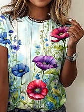 economico T-shirt floreale-Per donna maglietta Floreale Pop art Elegante Vintage Di tendenza Manica corta Rotonda Top regolari Giornaliero Per uscire Fine settimana Stampa Blu Estate