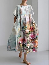 economico Abiti floreali-Vestito maxi da donna abito casual abito casual vacanza vestibilità ampia grafica floreale in lino simile a manica 3/4 girocollo blu chiaro primavera autunno inverno