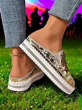 levne Pohodlné sandály-dámské zlaté flitrové tenisky na platformě mules – třpytivé slip-on boty s vyšívanými detaily pro festivaly, párty a street fashion