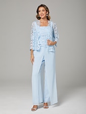 abordables Longueur du plancher-Combinaison Robe de Mère de Mariée  Formel robe demoiselle d honneur Elégant Echarpe incluse Col Carré Longueur Sol Mousseline de soie Dentelle Sans Manches Echarpe incluse avec Appliques 2025