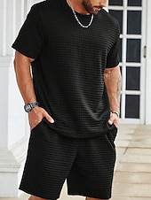 abordables Conjuntos de camisetas básicas para hombre-Hombre Waffle Tracksuit Camiseta y pantalones cortos Conjunto Conjunto de atuendo Cuello Barco Exterior Diario Deportes Bolsillo Correa 2 Piezas Plano Negro Blanco Caqui Poliéster Ropa de Deporte