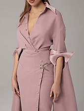 voordelige Vloerlengte-Zeemeermin  Trompet Moeder van de Bruid Jurk Bruiloft Gast Elegante Eenvoudige Minimalistische V-Hals Shirt Kraag Vloerlengte Satijnen Crepe Lange Mouwen met Knopen