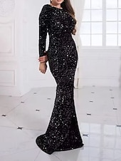 preiswerte Abendkleider-Trompete / Meerjungfrau Abendkleider Elegant Kleid Abendgesellschaft Abiball Pinsel Schleppe Langarm U-Ausschnitt Baumwolle mit Glitzer Paillette 2025