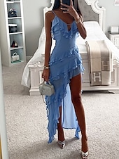preiswerte Chiffonkleider-Damen Midikleid Freizeitkleid Cocktailkleid Kleid für Hochzeitsgäste Chiffonkleid Mode Outdoor Ferien Date Normale Passform Einfach Ärmellos Spaghettiträger Blau Sommer Frühling