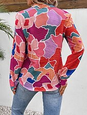 billiga Kvinnors Konst &amp; Design Toppar-Dam Skjorta Blommig Ledigt Långärmad Tröjkrage Vanliga toppar Arbete Dagligen Knappar Mönster Fuchsia Vår Höst Vinter