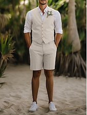 cheap Wedding Suits-Men&#039;s Wedding Linen Suits Vest Shorts Groomsmen Suits Beige Fashion Casual Summer Solid Colored Standard Fit 2 Piece