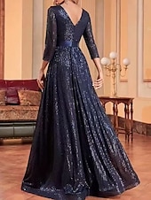 billige Gjestekjoler til bryllup-A-linje Bryllupsgjest Kjoler Festkjole Prom Black Tie Gala Gulvlengde 3/4 Lengde Erme Crew Utringning Belte  Bånd Spandex med Glitrende Frynser Paillett