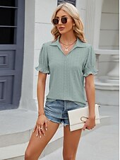 cheap Lace Tops-Women&#039;s Boho T-shirt Plain Bohemia Cute Stylish Short Sleeve Puff Sleeve V Neck Shirt Collar Regular Tops Daily Going out Weekend Ruffle Eyelet Sage Green Black White Pink Wine Summer