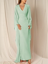 preiswerte ORANGE-Strandhochzeit Etuikleid Abendkleid Elegantes Kleid Formal Herbst Knöchellang Langarm V-Ausschnitt Chiffon mit Raffung Rüschen