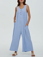 preiswerte lässige Overalls-Damen Normal Jumpsuit Aktiv Feste Farbe Ärmellos U-Ausschnitt Knopf Tasche Urlaub Täglich Regular Fit Schwarz Marineblau Blau Sommer