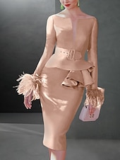 abordables Longueur du thé-Robes de Cocktail Svelte Élégante Robe Formelle Automne Longueur Genoux Manches Longues Col V Ceinture  Ruban Tissu Extensible avec Volants en Plumes Robe de Jour de Course taille sur mesure gratuite