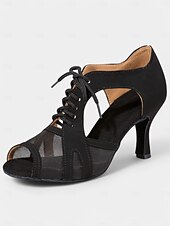 economico Scarpe per balli latini-scarpe da ballo nude con lacci e ritagli in rete – punta aperta, tacco medio per donna – perfette per lezioni di danza e spettacoli