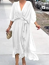 cheap Chiffon Dresses-Women&#039;s Midi Dress White Dress Casual Dress Elegant Stylish Batwing Sleeve Vacation Daily Date Regular Fit Plain Half Sleeve V Neck Black White Gray Summer Spring