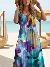 levne Šaty umění a designu-Maxi šaty pro ženy černé šaty dlouhý rukáv boho šaty elegantní vintage motýlí rukáv na dovolenou pláž klasické ombre vintage krátký rukáv kulatý výstřih modrá zelená léto