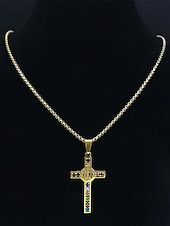 baratos Jóias Masculinas-colar masculino de cruz banhado a ouro em aço inoxidável com pedras preciosas multicoloridas – pingente religioso, corrente estilosa para uso diário, presentes para ocasiões religiosas