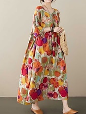 economico abiti stampati in cotone e lino-Per donna Abito maxi Abiti in cotone e lino Vestito Casual Abiti Boho Chic Essenziale Casual Vacanza Quotidiano Vestibilità regolare Grafico Manica Corta Girocollo Rosso Blu Estate