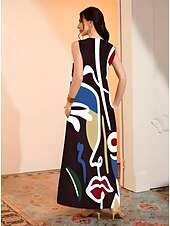 tanie Sukienki Art&amp;Design-Damskie Sukienka maxi Sukienka na szerokich ramiączkach Urlop Zabytkowe Elegancki Urlop Luźna Geometryczny Zabytkowe Etnické Bez rękawów Rozcięcie szyi Czarny Lato