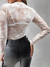 abordables Hauts en dentelle-Chemisier Femme Noir transparent 6 noir Noir Broderie Fleur / Plantes Dentelle Troué du quotidien Elégant Dentelle Col Rond S