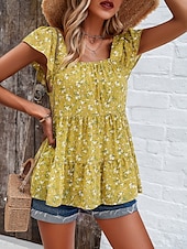 abordables Tops Graphiques pour Femmes-Femme Chemise Chemisier Floral mode Décontractées Manche Courte Col Carré Hauts réguliers du quotidien A Volants Imprimer Noir Jaune Rouge Beige Eté