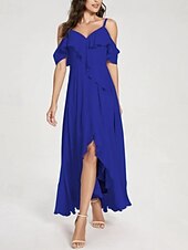 cheap Bridesmaid Dresses-A-Line Bridesmaid Dress V Neck / Spaghetti Strap Short Sleeve Elegant Asymmetrical Chiffon with Split Front / Ruching