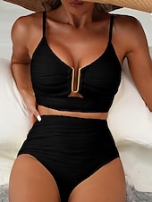 cheap Bikini Sets-Women&#039;s Swimsuits Bikini 2 Piece Briefs Swimsuit Backless Slim High Waisted Vacation Beach Wear Solid Color V Neck Sleeveless Bathing Suits