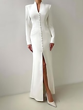 voordelige Vloerlengte-Zeemeermin  Trompet Moeder Van De Bruid Jurk Tuxedo Jurk Elegante Hoge Split V-Hals Vloerlange Satijn Lange Mouwen met Split