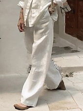 economico Set in cotone e lino-Per donna Moda Streetwear Quotidiano Camicia Set ispirati al lino Set da due pezzi Pantaloni a Gamba Larga Manica Lunga Colletto a Camicia Semplice Casuale Quotidiano Bianco Rosa Verde militare Estate
