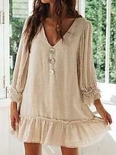 preiswerte Kleider-Damen Minikleid Leinen-inspirierte Kleider Freizeitkleid Baumwoll-Leinenkleid Stilvoll Lässig Urlaub Täglich Date Normale Passform Einfach Langarm V Ausschnitt Schwarz Beige Leicht Blau Sommer