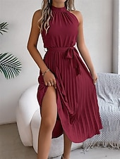 levne Jednoduché šaty-Dámské midi šaty zavinovací šaty áčkové šaty plisované šaty halter šaty dovolená dovolená volnočasové každodenní běžný střih grafické bez rukávů halter výstřih černé růžové vínové zelené letní