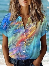 cheap Women&#039;s Art&amp;Design Tops-Women&#039;s Shirt Floral Elegant Vintage Tropical Short Sleeve Shirt Collar Regular Tops Daily Buttons Print Sky Blue Summer