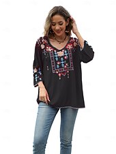 billige Boho topper-Dame Boho skjorte Helfarge Blomstret Bohem Daglig Luksuriøs 3/4 ermer 3/4-ermer Crew-hals Vanlige topper Arbeid Daglig Ut på byen Broderi Svart Gul Rose Rosa Sommer