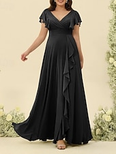 baratos Vestidos para Madrinhas-Linha A Vestido de Madrinha Decote V Manga Curta Elegante Longo Chiffon com Fru-Fru / Franzido 2022
