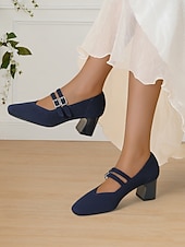 cheap Block Heels-Breathable Fly-knit Mary Jane Pumps with Double Buckle Detail and Chunky Heel, Elegant Style for Women, Ideal for Work, Events and Formal Occasions
