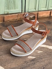 olcso Nyári szandálok-női houndstooth espadrille ékszandál bokapánttal – hétköznapi nyári platformszandál nyaraláshoz és mindennapi viselethez