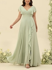baratos Vestidos para Madrinhas-Linha A Vestido de Madrinha Decote V Manga Curta Elegante Longo Chiffon com Fru-Fru / Franzido 2022