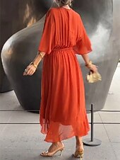 preiswerte Lässiges schwarzes Kleid-Damen Midikleid schwarzes kleid Casual kleid A Linie Kleid Basic Brautkleider schlicht Urlaub Täglich Regular Fit Glatt 3/4 Ärmel V Ausschnitt Schwarz Weiß Rote Orange Sommer Frühling