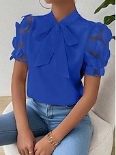 ieftine Topuri din dantelă-Bluză Pentru femei Negru Alb Roșu-aprins Culoare solidă / simplă Dantelă Funde Zilnic Elegant Guler în picioare Fit regulat S