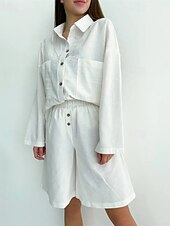 ieftine Seturi-Pentru femei Modă Șic Stradă Cămașă Seturi inspirate de in Seturi din două piese Pantaloni scurți de plajă Pantaloni scurți largi Manșon Lung Guler Cămașă Culoare solidă Cordon Vacanță Purtare Zilnică