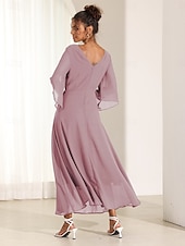 economico Abiti da festa-abito da cocktail per invitati a nozze da donna in chiffon tinta unita con volant intrecciato elegante abito lungo estivo scollo a V svasato manica a 3/4