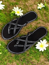 baratos Chinelos de slide-sandálias de tiras douradas para mulheres – sandálias elegantes com presilhas nos dedos, design trançado e sola plana para roupas casuais de verão