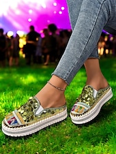 levne Pohodlné sandály-dámské zlaté flitrové tenisky na platformě mules – třpytivé slip-on boty s vyšívanými detaily pro festivaly, párty a street fashion