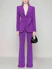 baratos Terninhos de calça da mamãe-Conjuntos de Calça em Dois Peças Mãe da Noiva Elegante Minimalista Gola de Camisa Comprimento Total Tecido Stretch Manga Longa com Ruffles Cor Sólida 2025