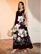 economico Abito Floreale-Per donna Abito maxi Vestito Canotta Elegante Vacanza Vestibilità regolare Floreale Blocco di colori Senza Maniche Collo a Spacco Nero Estate