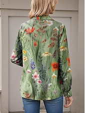 abordables Hauts Floraux-Femmes Chemise Fleuri Occasionnel manche longue Col de chemise Hauts Réguliers Travail Quotidien Boutons Imprimé Vert Printemps Automne Hiver