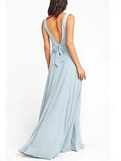 baratos Vestidos para Madrinhas-Linha A Vestido de Madrinha Decote V Sem Manga Azul Longo Chiffon / Elastano com Faixa / Fita / Pregueado / Cor Única 2022