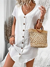 cheap Dresses-Women's Mini Dress Faux Cotton Linen Shift Dress Casual Dress Tank Dress Basic Casual Batwing Sleeve Casual Daily Vacation Loose Fit Plain Short Sleeve V Neck Black White Pink Green Summer Spring