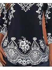 billige Boho t-skjorte-Dame T skjorte Blomstret Grafisk Fritid Langermet Crew-hals Vanlige topper Daglig Trykt mønster Hvit / Svart Svart Blå Oransje Brun Vår Høst