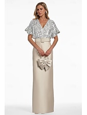 abordables BLEU-robe de soirée colonne bleue robe élégante robe formelle invité de mariage longueur au sol manches courtes col en V ceinture / ceinture satin avec fente à paillettes 2025